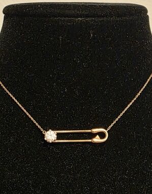 Serenity Diamond Safty Pin Gold Tone   Choker Necklace 15" Pin 1.5" Long New